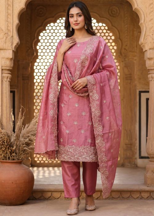Rose Pink Organza Zari Embroidered Suit