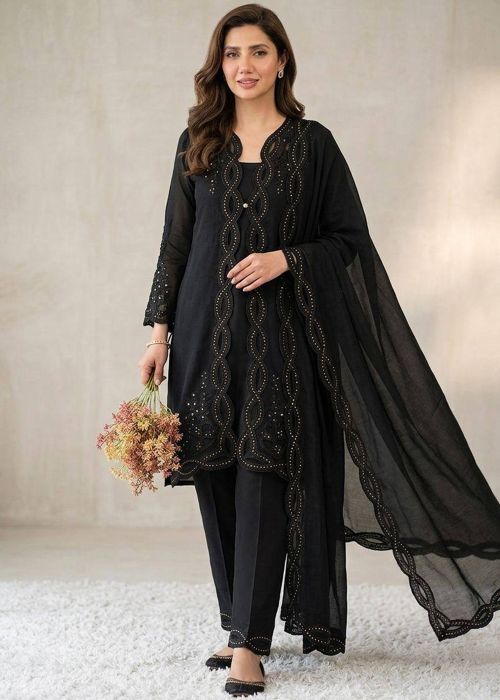 Black Chanderi Thread Work Pant Suit