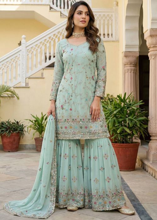 Pastel Blue Georgette Embroidered Sharara Suit