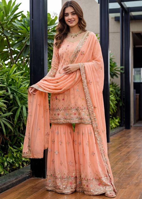 Peach Georgette Sharara Suit With Zari Work