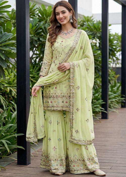 Pista Green Embroidered Sharara Suit In Georgette