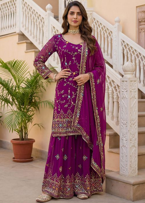 Purple Georgette Sharara Suit With Zari Bloom