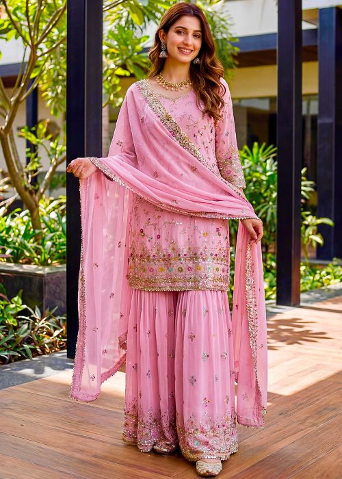 Blush Pink Sharara Suit With Floral Accents