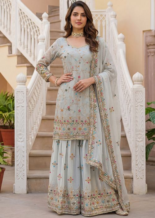 Ice Blue Sharara Suit With Delicate Embroidery