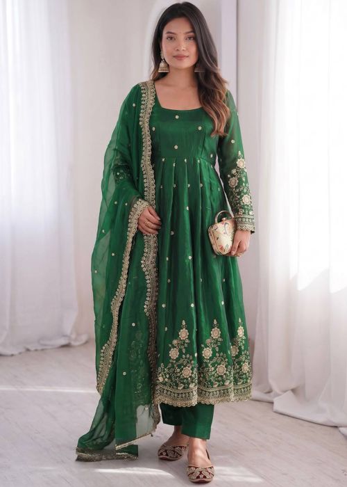 Green Art Silk Anarkali Suit With Thread Embroidery