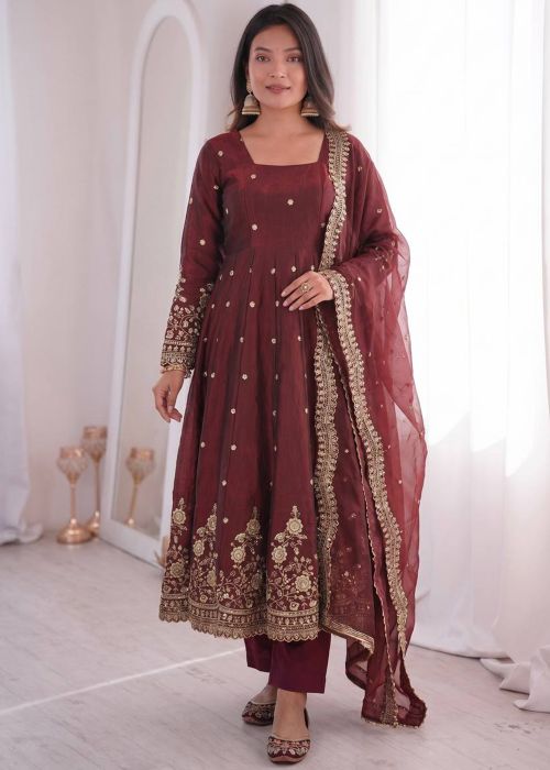 Maroon Art Silk Anarkali Suit With Sequins Work