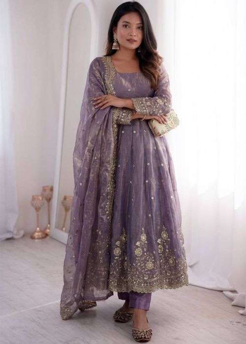 Lavender Art Silk Anarkali Suit With Floral Border