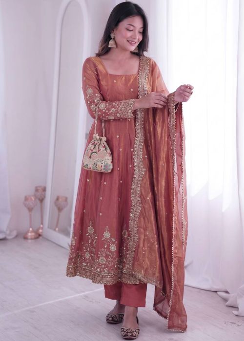 Peach Art Silk Anarkali Suit With Sequins Accent
