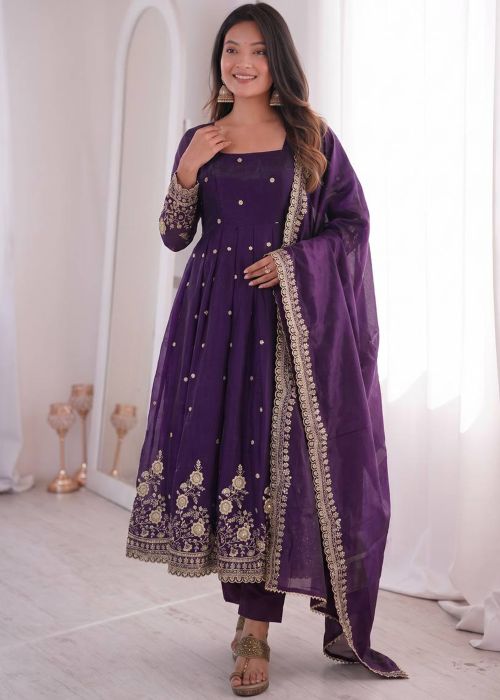 Purple Art Silk Anarkali Suit With Floral Work