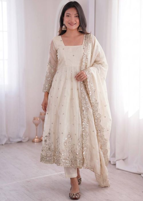 cream color anarkali dress Silk Wedding Anarkali Suit In Cream Color With Resham Work