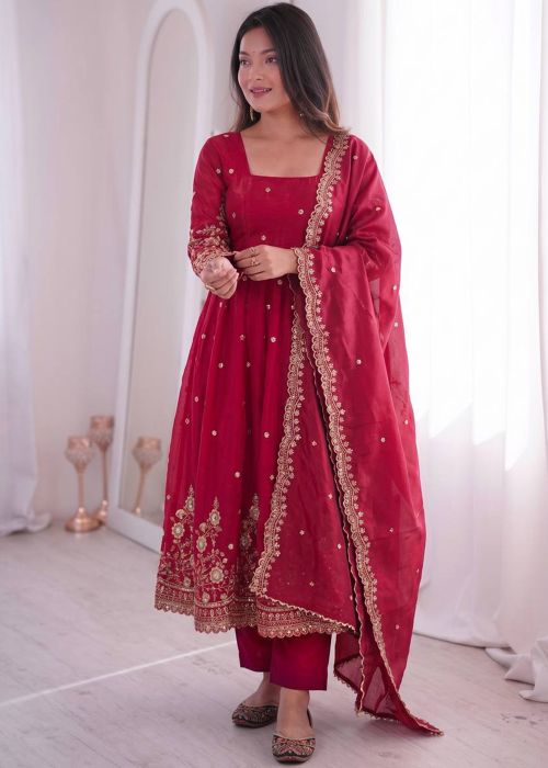 Red Art Silk Anarkali Suit With Thread Embroidery