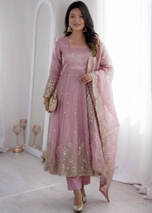 Pink Art Silk Anarkali Suit With Floral Accent