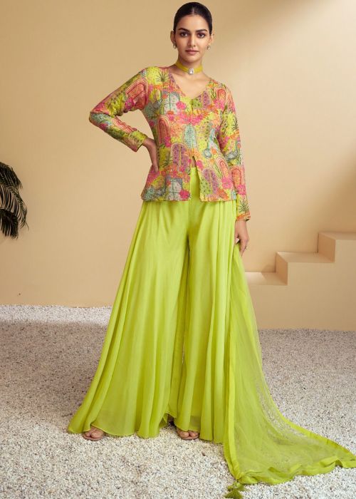 Green Chiffon Palazzo Suit With Artistic Print