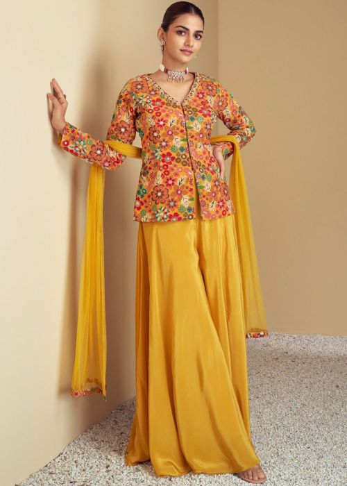 Yellow Printed Palazzo Suit With Floral Art