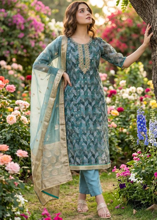 Teal Blue Organza Printed Pant Suit