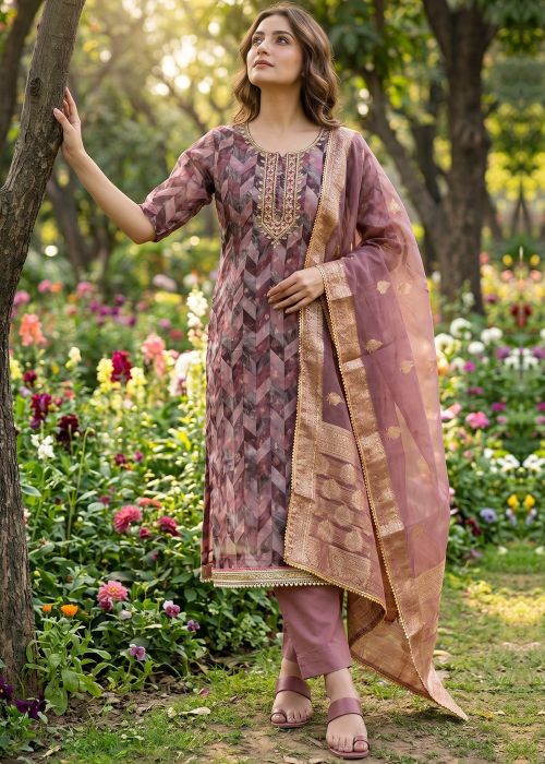 Mauve Pink Organza Handworked Pant Suit