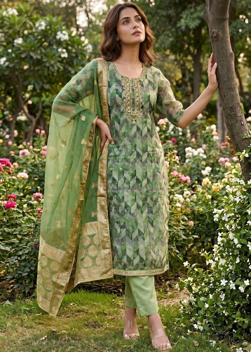 Green Organza Straight Cut Suit Set