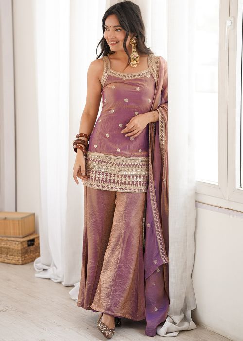 Mauve Pink Art Silk Sharara Suit With Dori Work