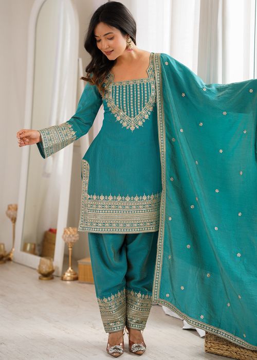Teal Blue Art Silk Farsi Pant Suit With Sequins