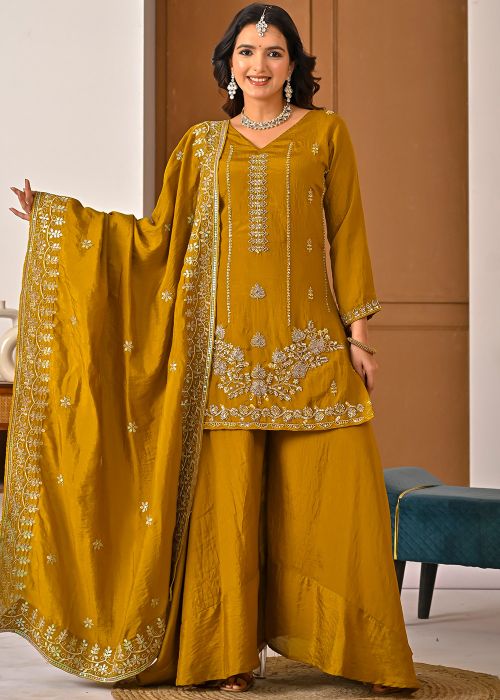 Yellow Art Silk Palazzo Suit With Beadwork