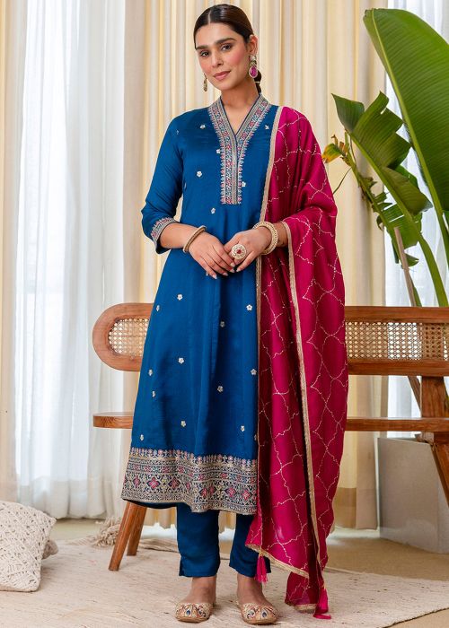 Blue Silk Blend Anarkali Suit With Pink Dupatta