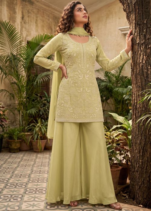 Pista Green Palazzo Suit With Beads Accents