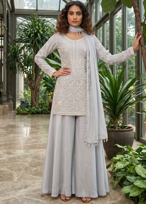 Grey Chiffon Embroidered Palazzo Suit