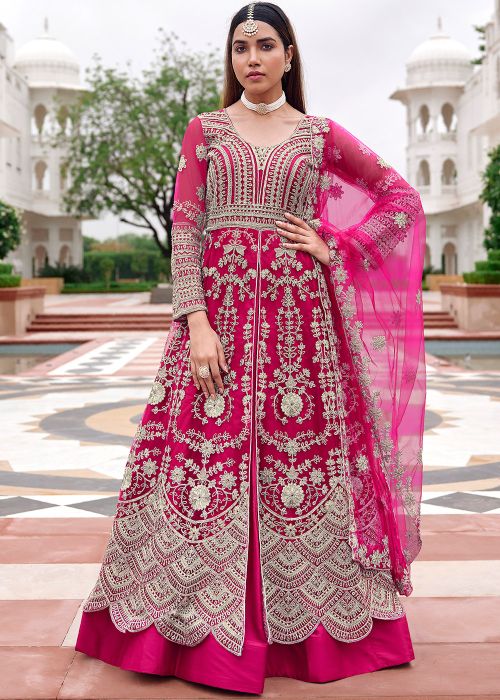 Pink Net Embroidered Slit Style Pant Suit