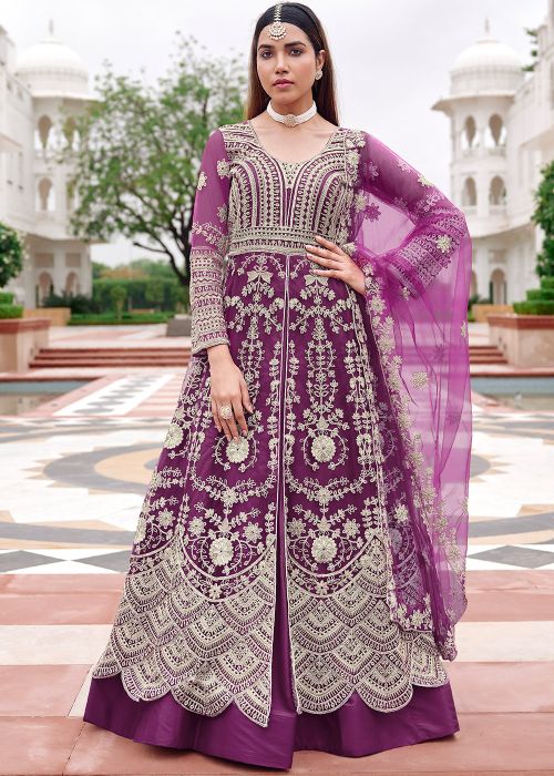 Purple Net Slitted Pant Suit With Dori Work