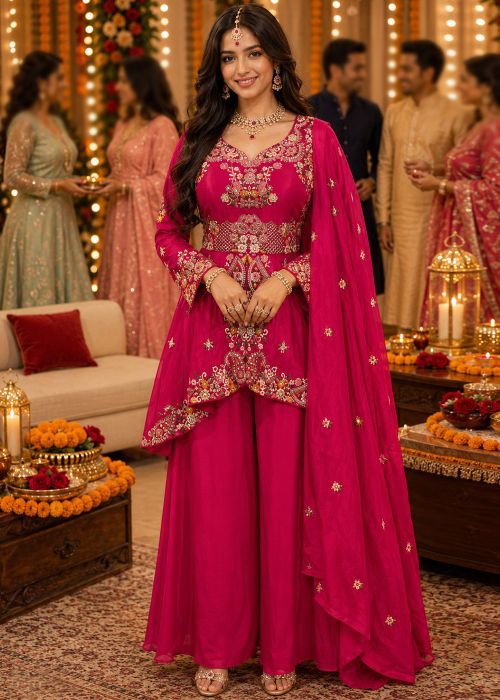 Pink Handwork Palazzo Suit In Viscose