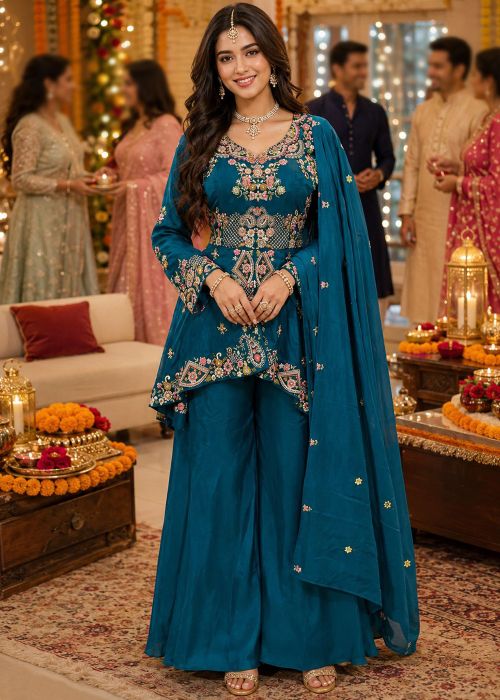 Teal Blue Viscose Embroidered Palazzo Suit