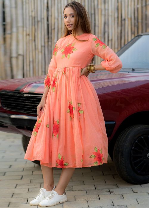 Peach Floral Printed Dress In Cotton