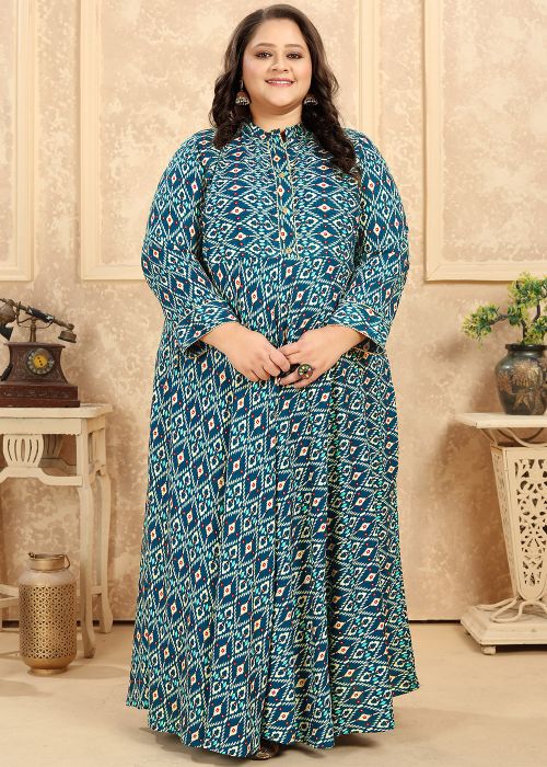 Green Digital Printed Long Kurta In Rayon