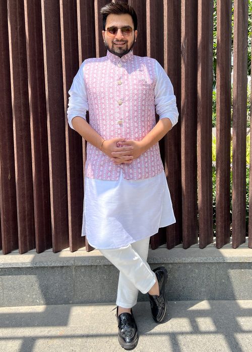 Pink Printed Mens Nehru Jacket