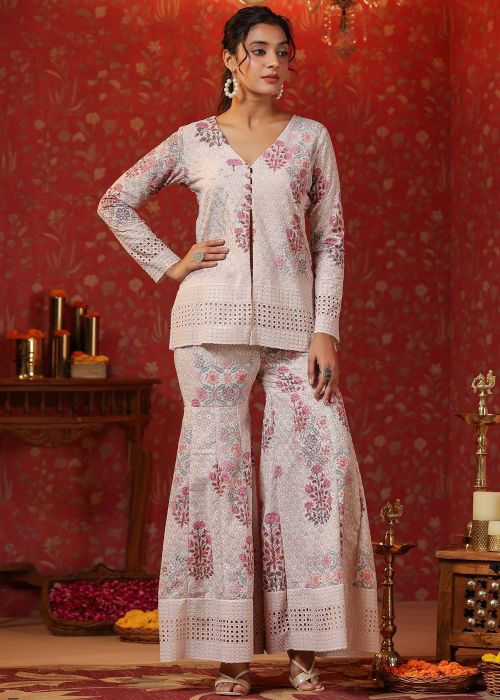Cream Floral Print Readymade Co-Ord Set