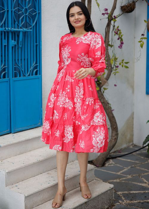 Pink Readymade  Digital Printed Dress In Cotton