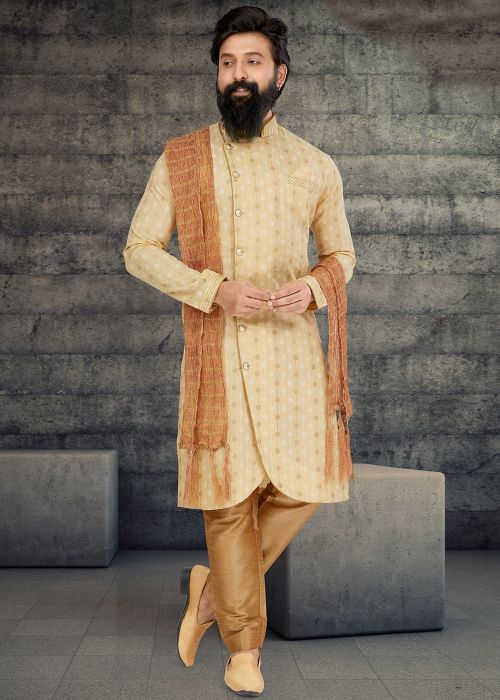 Beige Indo Western Sherwani In Printed Work