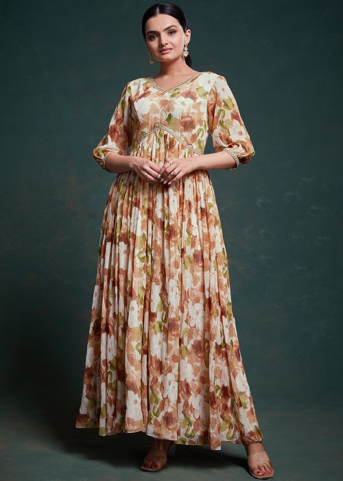 Brown Floral Printed Readymade Georgette Gown