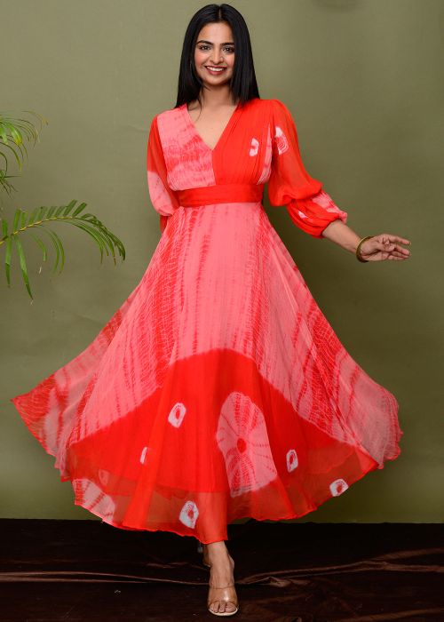 Peach Chiffon Readymade Dress In Tie- Dye Print