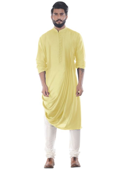 Yellow Cowled Art Silk Kurta With Churidar