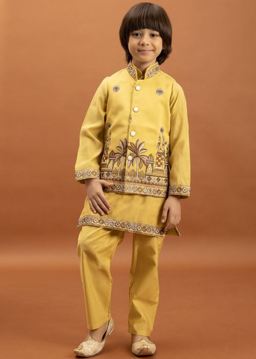 Yellow Embroidered  Kids Kurta Pajama With Nehru Jacket