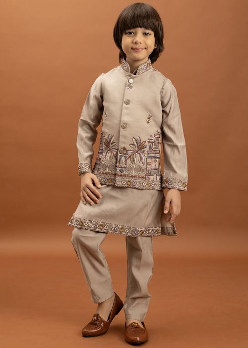 Beige Embroidered Kids Kurta Pajama With Nehru Jacket