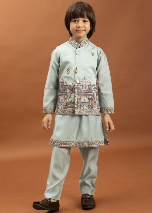 Green Embroidered Kids Viscose Kurta Pajama With Nehru Jacket