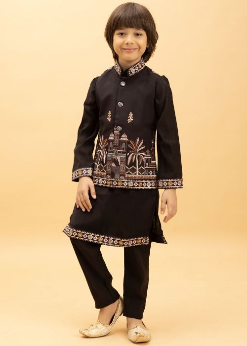 Black Embroidered Kids Kurta Pajama With Nehru Jacket