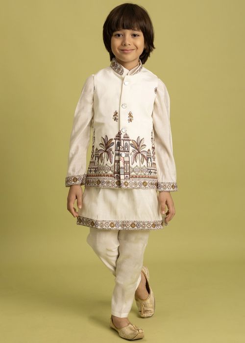 White Embroidered Kids Kurta Pajama & Nehru Jacket