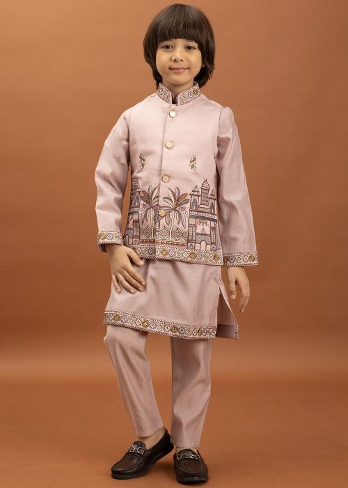 Pink Embroidered Viscose Kids Kurta Pajama With Nehru Jacket