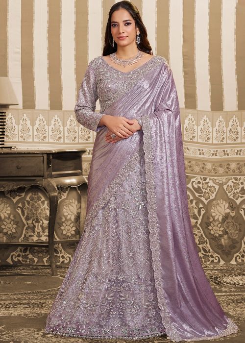 Lavender Satin Lehenga Saree With Beads Work