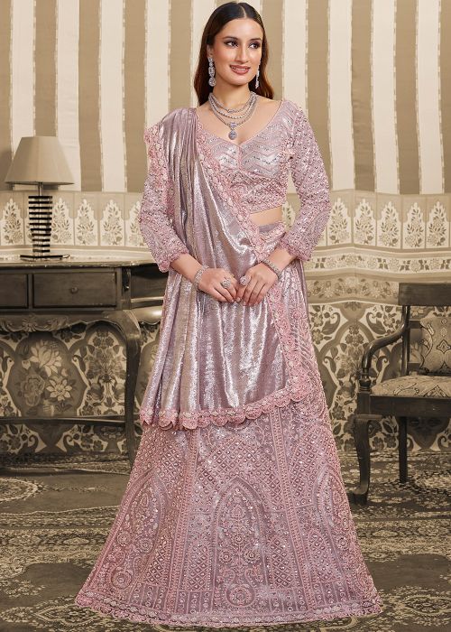 Pink Satin Lehenga Saree With Scallop Border