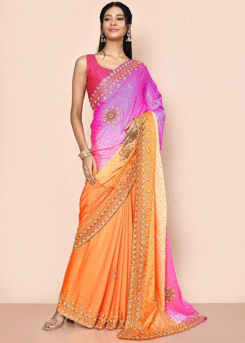 Orange & Pink Shaded Woven Saree In Jacquard
