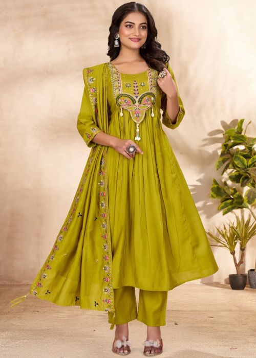 Green Art Silk Anarkali Suit With Floral Embroidery